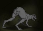 absurd_res anus creepy female feral genitals hi_res looking_at_viewer looking_back malnourished monster nightmare_fuel poisonsneksoffie scary simple_background solo thick_thighs