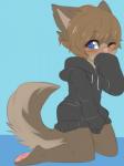 anthro biped blue_eyes blush bottomless brown_body brown_fur brown_hair clothed clothing femboy fur hair hoodie kneeling male one_eye_closed pink_nose simple_background solo topwear young young_anthro aoizuri kiggles canid canine canis domestic_dog mammal 3:4 hi_res