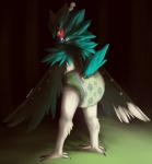 ambiguous_gender anthro beak clean_diaper clothed clothing dark diaper feathers forest glistening plant rear_view solo standing tail tail_feathers tree wearing_diaper wings furrychrome nintendo pokemon decidueye generation_7_pokemon pokemon_(species) hi_res