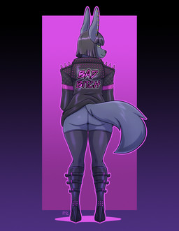 anthro black_hair boots butt clothing ear_piercing female footwear fur green_eyes grey_body grey_fur grey_hair grey_nose hair high_heeled_boots high_heels jacket legwear looking_back multiple_piercings piercing purple_background shoes short_hair simple_background solo tail text text_on_clothing text_on_jacket text_on_topwear thick_thighs thigh_highs topwear conditional_dnp kadath nightshade_(kadath) anubian_jackal canid canine canis jackal mammal 2021 digital_media_(artwork) english_text hi_res signature