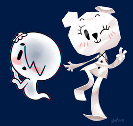 anthro blush clothed clothing duo female nude on_model paper toony gaturo cartoon_network the_amazing_world_of_gumball carrie_krueger teri_(tawog) bear ghost mammal paper_creature spirit hi_res