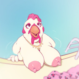 anthro areola avian_caruncle beak big_breasts breasts clothing comb_(anatomy) dewlap_(anatomy) discarded_clothing dripping_wet eyelashes female head_crest high-angle_view jewelry looking_up necklace nipples non-mammal_breasts non-mammal_nipples nude nude_female overweight overweight_anthro overweight_female partially_submerged pink_areola pink_nipples poolside puffy_nipples solo swimming_pool water wattle white_body boardom bojack_horseman netflix becca_(bojack_horseman) avian bird chicken galliform phasianid 1:1 2022 hi_res