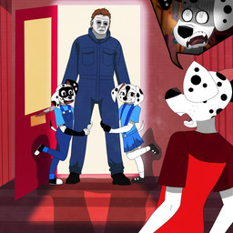anthro black_spots blue_clothing blue_overalls blue_shirt blue_t-shirt blue_topwear brown_hair clothing duo female feral fur hair heterochromatic_ears male overalls red_clothing red_shirt red_t-shirt red_topwear shirt spots t-shirt topwear white_body white_fur white_mask raidenthedeoxys 101_dalmatian_street 101_dalmatians disney halloween_(films) dee_dee_(101_dalmatians) dizzy_(101_dalmatians) dylan_(101_dalmatians) michael_myers canid canine canis dalmatian domestic_dog human mammal 1:1 absurd_res crossover hi_res
