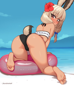 accessory big_butt bikini bikini_bottom biped blush butt closed_smile clothing feet female female_humanoid flotation_device flower flower_in_hair hair hair_accessory halter_bikini hibiscus humanoid_feet landscape looking_at_viewer looking_back looking_back_at_viewer mouth_closed outside plant plantigrade pool_toy presenting presenting_hindquarters rear_view seaside sky smile smiling_at_viewer soles solo swimwear tan_body tan_skin two-piece_swimsuit water kuroonehalf animal_humanoid humanoid lagomorph lagomorph_humanoid leporid_humanoid mammal mammal_humanoid rabbit_humanoid colored digital_media_(artwork) shaded