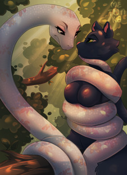 ambiguous_feral ambiguous_gender black_body black_fur breast_squeeze breasts coiling duo eye_contact female feral forest fur green_eyes hypnosis looking_at_another mind_control nipples nude outside plant squeezing submissive submissive_female tree white_body yellow_eyes metonka domestic_cat felid feline felis mammal reptile scalie snake 2022 absurd_res digital_media_(artwork) hi_res shaded