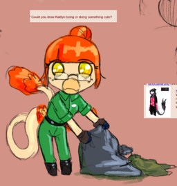 anthro brown_clothing brown_gloves brown_handwear clothing eyewear feathered_tail feathers female front_view glasses gloves hair hair_bun handwear jumpsuit long_tail looking_at_viewer orange_body orange_feathers orange_hair rectangular_glasses scales solo tail tail_tuft tan_body tan_scales trash tuft yellow_eyes sakamtosng 4chan cavemanon_studios snoot_game kaitlyn_(snoot_game) dinosaur dromaeosaurid feathered_dinosaur feathered_scalie microraptor prehistoric_species reptile saurischian scalie theropod 2025 digital_drawing_(artwork) digital_media_(artwork)