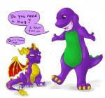 dialogue duo frown happy humor smile tail text shalonesk activision barney_and_friends mythology pbs spyro_the_dragon barney_the_dinosaur spyro dinosaur dragon mythological_creature mythological_scalie prehistoric_species reptile scalie crossover digital_media_(artwork) english_text shaded watermark