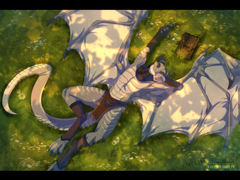 anthro bag black_bars bottomwear claws clothed clothing detailed_background eyes_closed grass jewelry light light_beam loincloth male membrane_(anatomy) membranous_wings plant scales scarf smile solo stretching sunbeam sunlight tail topless wings wanderertamplior blizzard_entertainment european_mythology mythology warcraft dracthyr dragon mythological_creature mythological_scalie scalie western_dragon 4:3 digital_media_(artwork) hi_res letterbox