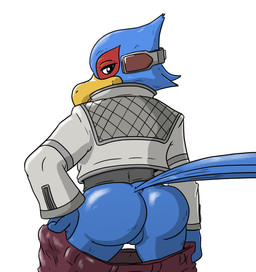 anthro balls beak blue_body blue_feathers bottomwear bottomwear_down bubble_butt butt clothed clothing feathers genitals jacket looking_at_viewer looking_back looking_back_at_viewer male mooning pants pants_down partially_clothed rear_view simple_background smile solo topwear macro710 thatweirdguy nintendo star_fox falco_lombardi avian bird falcon falconid digital_media_(artwork) hi_res