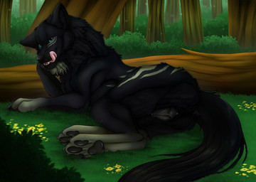 animal_genitalia animal_vulva anus black_anus black_body black_fur black_nose black_pawpads black_tail black_vulva blue_eyes canine_genitalia canine_vulva fangs female female_feral feral fur genitals glistening glistening_eyes grass grey_markings licking licking_lips licking_own_lips looking_at_viewer lying markings on_side open_mouth outside pawpads pink_tongue plant shrub solo tail teeth text tongue tongue_out tree vulva killthe_demon canid canine mammal english_text hi_res