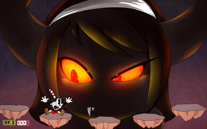 anthro black_body black_hair black_horn clothing container cup duo female for_a_head gloves hair handwear hat headgear headwear horn looking_down male nun teeth text yellow_eyes angelthecatgirl cuphead_(game) the_binding_of_isaac_(series) cuphead_(character) eve_(angelthecatgirl) eve_(tboi) animate_inanimate demon object_head vampire 2017 crossover english_text hi_res