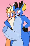 anthro antlers arm_around_shoulders balls big_balls big_penis blue_body blue_eyes blue_fur blush duo fur genitals horn huge_balls huge_penis hyper hyper_balls hyper_genitalia hyper_penis looking_at_genitalia looking_at_penis male male/male nude open_mouth orange_body orange_fur penis presenting red_eyes tail mr_rottson animal_crossing nintendo bam_(animal_crossing) beau_(animal_crossing) deer mammal