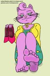 5_toes anthro barefoot bojack_horseman clothed clothing domestic_cat feet felid feline felis female foot_focus footwear fur green_sclera hi_res humanoid_feet jewelry mammal mrchasecomix necklace netflix pink_body pink_fur plantigrade princess_carolyn shoes shoes_removed soles solo text toes url whiskers