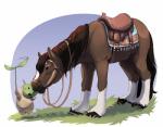 bridle brown_eyes brown_hair duo feral hair harness hooves reins saddle simple_background standing silfoe nintendo the_legend_of_zelda equid equine horse korok mammal 2019 digital_media_(artwork) hi_res