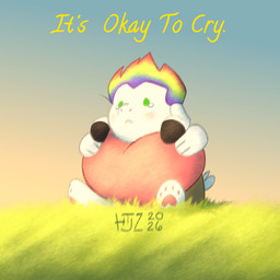 4_toes afternoon anthro blush chibi feet grass grass_field green_eyes hair heart_symbol male multicolored_hair pawpads plant quiff_(hairstyle) rainbow_hair sad short_tail sitting size_difference smaller_male snout solo tail teary_eyes text toes valken_holmes zandriel_(storytale) bovid caprine goat mammal 1:1 2026 dated watermark