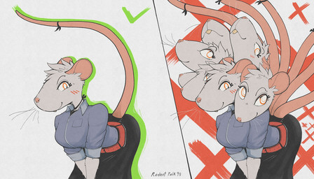 6_tails 7_heads anthro blush bottomwear buckteeth check_mark choker clothed clothing female fully_clothed fur grey_body grey_fur grey_hair hair jewelry leaning leaning_forward looking_at_viewer multi_head multi_tail necklace orange_eyes simple_background skirt smile solo tail teeth whiskers white_background gompami mammal murid murine rat rodent 2026 hi_res
