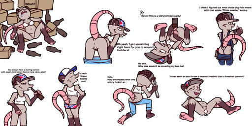 alcohol alcohol_enema anal anal_penetration angry annoyed anthro anus ball_in_ass barefoot baseball beer beer_bottle belly belly_overhang beverage black_body black_ears black_eyes black_fur blue_baseball_cap blue_bottomwear blue_clothing blue_jeans blue_pants blue_suspenders bodily_fluids boofing bottle bottle_in_ass bottle_insertion bottomless bottomwear bottomwear_down box bra bra_only breasts butt butt_cleavage butt_clench butt_flap cardboard cardboard_box casual_exposure cleavage clenching_butt clothed clothing confederate_flag confederate_flag_clothing confederate_states_of_america container covering covering_crotch covering_vulva denim denim_bottomwear denim_clothing dialogue drooling empty_bottle feet female fur genitals grey_baseball_cap grey_body grey_fur high-angle_view insult insulting_viewer jeans kneeling leaning leaning_forward lying mooning muffin_top multicolored_body multicolored_fur navel object_between_buttocks offscreen_character on_back open_mouth panties pants pants_down pantsless partially_clothed penetration pink_fingers pink_nose pink_tail pink_toes profanity raised_tail rear_view saliva sharp_teeth shirt simple_background sleeping soles solo spread_legs spreading suspenders sweat sweatdrop sweaty_butt tail talking_to_another talking_to_viewer tank_top teeth text tools topwear two_tone_body two_tone_fur underwear underwear_only upside_down vulva whiskers white_background white_bra white_clothing white_shirt white_tank_top white_topwear white_underwear wrench smokey_the_menish american_opossum mammal marsupial 2026 2:1 absurd_res english_text hi_res multiple_images