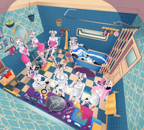 aged_up anthro anthrofied basket bathing bathroom bathtub bikini bikini_bottom bikini_top breasts brush brushing brushing_teeth cellphone claw_foot_bathtub cleavage clothed clothing collar container detailed_background electronics feet female footwear fur group holding_brush holding_cellphone holding_object holding_phone holding_smartphone holding_toothbrush inside looking_at_viewer lying markings mirror navel on_back open_mouth partially_submerged phone sandals shoes shower shower_head sink sitting sitting_on_toilet smartphone smile sponge spots spotted_body swimwear tail toilet toilet_use toothbrush toothpaste towel towel_around_neck towel_wrap two-piece_swimsuit water dal101strefan 101_dalmatian_street 101_dalmatians disney da_vinci_(101_dalmatians) dallas_(101_dalmatians) dee_dee_(101_dalmatians) deja_vu_(101_dalmatians) destiny_(101_dalmatians) dizzy_(101_dalmatians) dolly_(101_dalmatians) dorothy_(101_dalmatians) triple_d_(101_dalmatians) canid canine canis dalmatian domestic_dog mammal digital_media_(artwork) hi_res sibling_(lore) sister_(lore) sisters_(lore) triplets_(lore)