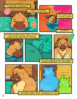 anthro balls belly blush bottomwear bottomwear_aside brown_body brown_fur clothed clothing clothing_aside detailed_background duo flaccid fur genitals group hot_spring humanoid_genitalia humanoid_penis inside loincloth loincloth_aside loincloth_only looking_at_another male overweight overweight_anthro overweight_male partially_submerged penis penis_poking_out smile solo steam surprised text topless trio water conditional_dnp mabit background_character gabe_(mabit) capybara caviid mammal rodent 2025 comic digital_media_(artwork) english_text hi_res pixel_(artwork)