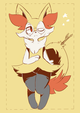 ambiguous_gender anthro arm_tuft black_body black_fur blush blush_lines eyewear eyewear_only fur glasses glasses_only hip_tuft inner_ear_fluff nude one_eye_closed red_eyes shoulder_tuft simple_background solo star stick tuft wearing_glasses white_body white_fur yellow_background yellow_body yellow_fur iceeon nintendo pokemon braixen generation_6_pokemon pokemon_(species) hi_res