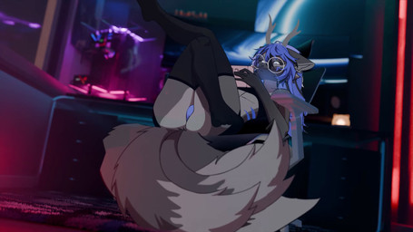 3d_background 5_fingers anthro antlers bedroom blue_hair bottomwear chair clothing crop_top detailed_background electronics eyewear fingers furniture game_console gaming glasses grey_body hair horn legwear long_hair lying male markings multi_tail on_back on_chair relaxing shirt sitting sitting_on_chair solo switch_console tail tail_motion tailwag thigh_highs thong topwear underwear wearing_glasses white_eyes pendazella mythology nintendo nintendo_switch jack_(kitsuphrenia) canid canine dragon eastern_dragon fox hybrid mammal mythological_creature mythological_scalie scalie 16:9 2d_animation 3d_(artwork) animated digital_media_(artwork) frame_by_frame hi_res mixed_media no_sound short_playtime video widescreen