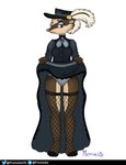 anthro blush brown_body brown_fur clothed clothing dress feathers female fur hat headgear headwear legwear panties simple_background solo standing stockings underwear promedio cartoon_network infinity_train badger mammal mustelid musteline 2020 absurd_res digital_media_(artwork) hi_res