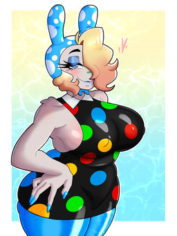 anthro bangs_over_one_eye big_breasts big_butt blonde_female blonde_hair blue_eyes blue_lipstick blue_makeup blue_nails blush breasts butt clothed clothing colored_nails dress eyelashes female fully_clothed fur hair hands_on_hips hat headgear headwear heart_eyes heart_symbol leggings legwear lipstick long_eyelashes makeup nails nipple_outline pattern_clothing pattern_topwear polka_dots side_boob simple_background slightly_chubby slightly_chubby_anthro slightly_chubby_female smile smiling_at_viewer smug_face smug_grin solo spots spotted_clothing spotted_topwear tail thick_thighs tight_clothing tight_dress topwear video_game_character white_body white_fur wide_hips raccoon_sama animal_crossing nintendo francine_(animal_crossing) animal_humanoid humanoid lagomorph leporid mammal rabbit 3:4 absurd_res hi_res