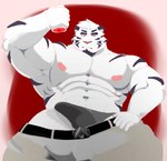 anthro bodily_fluids clothed clothing fur male muscular muscular_male pecs solo aruu_ashe felid mammal pantherine tiger hi_res