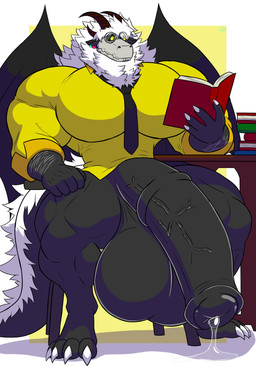 accessory animal_genitalia animal_penis balls big_balls big_muscles big_pecs big_penis black_wings bodily_fluids bone book clothing ear_piercing ear_ring equine_genitalia equine_penis eyewear fluffy fluffy_tail furniture genital_fluids genitals glasses hair horn huge_balls huge_pecs huge_penis hyper hyper_balls hyper_genitalia hyper_penis male medial_ring muscular muscular_male neck_tuft necktie pecs penis piercing precum reading reading_book ring_piercing shirt skull skull_head solo table tail topwear tuft white_hair wings yellow_clothing yellow_eyes yellow_shirt yellow_topwear mike_dramon_(artist) astaroth_(mike_dramon) demon humanoid absurd_res hi_res
