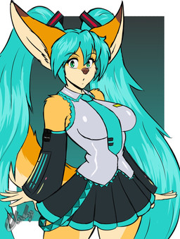 accessory anthro big_ears blue_hair bottomwear breasts clothing ears_up eyebrows eyelashes female fur green_eyes hair long_hair looking_at_viewer necktie orange_body orange_fur skirt solo tail chisheq vocaloid yamaha_corporation hatsune_miku nadia_(chisheq) canid canine fennec_fox fox mammal true_fox hi_res