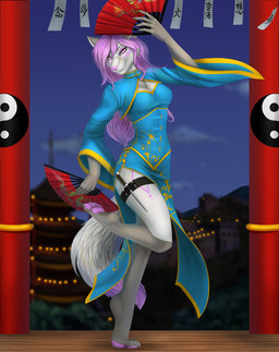 anthro biped clothed clothing dagger female fur looking_at_viewer melee_weapon smile solo standing tail weapon white_body white_fur elvofirida canid canine mammal