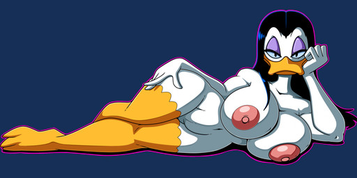 4_fingers anthro areola barely_visible_genitalia barely_visible_vulva beak beak_closed bedroom_eyes big_areola big_breasts breasts clothing female fingers genitals hand_on_hip huge_breasts looking_at_viewer lounging mature_anthro mature_female mouth_closed narrowed_eyes navel nipples non-mammal_breasts non-mammal_hair non-mammal_navel non-mammal_nipples non-mammal_vulva nude nude_female outline plantigrade pose seductive solo thick_thighs vulva wide_hips lordstevie disney magica_de_spell anatid anseriform avian bird duck alpha_channel hi_res pinup