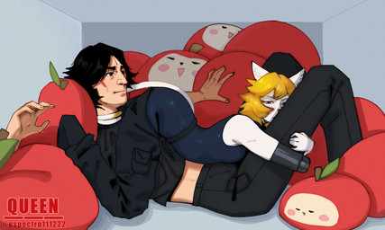 5_fingers abstract_background anthro black_eyes black_hair blonde_hair blue_eyes blush cuddling duo female fingers fur hair leg_hug light-skinned_male light_body light_skin lying male male/female plushie short_hair text white_body white_fur espectro111222 smoke_(averylazywriter) domestic_cat felid feline felis human mammal 2025 artist_name digital_drawing_(artwork) digital_media_(artwork) watermark