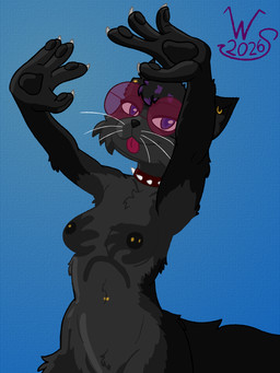 anthro areola barbell_piercing black_body black_fur breasts ear_piercing ear_ring female fingers fur hair looking_at_viewer medium_breasts navel navel_piercing nipple_barbell nipple_piercing nipples nude piercing ring_piercing simple_background smile solo tail tongue tongue_out winter_sunshine shadow_hands_challenge fan_character winter_(wintersunshine) canid canine domestic_cat felid feline felis mammal 2026 3:4 digital_media_(artwork) hi_res meme