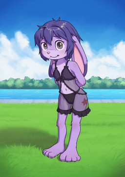 anthro biped black_clothing black_markings black_panties black_underwear blue_body blue_fur blue_hair blush breasts clothing countershade_face countershade_torso countershading dipstick_ears ear_markings eyebrows female floppy_ears front_view fur grass hair hands_behind_back leg_markings lingerie looking_at_viewer lop_ears markings mouth_closed multicolored_ears navel outside panties pink_nose plant plantigrade short_hair small_breasts solo standing thigh_markings underwear white_body white_countershading white_fur young young_anthro young_female minum lagomorph leporid mammal rabbit 2026 absurd_res hi_res