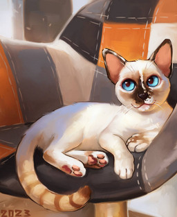 :3 black_markings black_nose blue_eyes brown_markings chair feral fur furniture looking_aside markings on_chair orange_stripes pawpads pink_pawpads quadruped solo stripes whisker_spots whiskers white_body white_fur alexpahomov domestic_cat felid feline felis mammal thai_cat 2023 digital_media_(artwork) digital_painting_(artwork) painting_(artwork)