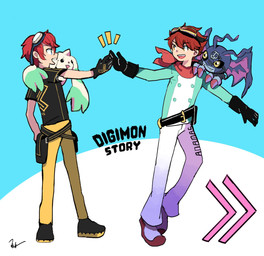 anthro beady_eyes black_body black_fur feral fur gesture group high_five long_ears male smile white_body white_fur wings yellow_eyes d_an_g bandai_namco digimon digimon_story:_cyber_sleuth digimon_story:_time_stranger dan_yuki_(digimon) takumi_aiba demidevimon digimon_(species) human mammal terriermon hi_res