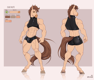 abs anthro biceps biped black_bottomwear black_clothing black_topwear blue_sclera bottomwear brown_hair brown_tail bulge clothed clothing color_swatch detailed_bulge front_view hair hooves latex latex_bottomwear latex_clothing latex_topwear male male_anthro mouth_closed muscular muscular_anthro muscular_male navel pecs quads rear_view short_hair simple_background solo standing tail tan_body text topwear unguligrade yellow_eyes apple-faced equid equine horse mammal 2022 artist_name dated english_text hi_res model_sheet