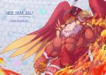 abs ambiguous_gender anthro big_muscles chest_tuft claws fire holidays muscular muscular_ambiguous muscular_anthro pattern_background pecs simple_background solo spread_wings text tuft wings kenzofong bandai_namco chinese_zodiac digimon new_year year_of_the_rooster avian digimon_(species) garudamon absurd_res digital_media_(artwork) english_text hi_res