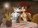 4:3 accidental_kiss anthro blue_eyes blush bread breadsticks breasts candlelight canid canine canis digital_media_(artwork) disney domestic_dog duo featureless_breasts female food fox hair karri_aronen kiss_on_lips kissing lady_and_the_tramp light male mammal parody pasta phoxhunt red_hair romantic romantic_ambiance spaghetti spaghetti_scene tail toony