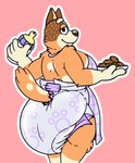 anthro apron baby_bottle big_diaper clean_diaper clothed clothing cookie diaper diaper_fetish female food holding_baby_bottle holding_food holding_object looking_at_viewer simple_background solo wearing_diaper befuddledbunny bluey_(series) chilli_heeler australian_cattle_dog canid canine canis cattledog domestic_dog herding_dog mammal pastoral_dog hi_res