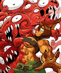 5_fingers abs anthro bandeau belt blood bodily_fluids bottomwear breasts brown_hair claws clothing collar featureless_breasts female finger_claws fingerpads fingers green_bottomwear green_clothing green_pants grin hair looking_at_viewer multi_eye muscular muscular_anthro muscular_female navel pants pawpads red_eyes sharp_teeth smile solo teeth topwear torn_bottomwear torn_clothing torn_pants torn_topwear under_boob ceehaz dog_knight_rpg rory_(ceehaz) canid canine canis dobermann domestic_dog mammal pinscher 2025 5:6 absurd_res hi_res