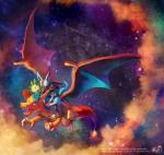 ambiguous_gender blue_eyes claws cloud eyes_closed fire flying group membrane_(anatomy) membranous_wings night open_mouth open_smile sky smile spread_wings star starry_sky tail text wings koriarredondo nintendo pokemon pokemon_mystery_dungeon spike_chunsoft charizard generation_1_pokemon generation_3_pokemon generation_4_pokemon lucario pokemon_(species) roselia hi_res signature url