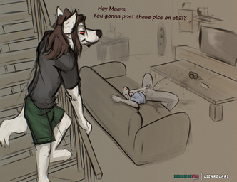 anthro bodily_fluids bottomless camera clothed clothing duo ejaculation female furniture genital_fluids living_room male masturbation recording sex sofa sofa_sex solo stained_furniture vaginal_fluids vaginal_squirting wet_sofa lizardlars maeve_(lizardlars) wolfgang_(lizardlars) canid canine canis mammal wolf hi_res