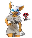 anthro blue_eyes clothing duo eyeshadow female footwear gloves hair handwear looking_at_viewer makeup male open_mouth red_body shirt shoes simple_background smile smiling_at_viewer text text_on_clothing text_on_topwear topwear translucent translucent_clothing white_background white_hair happixneko sega sonic_the_hedgehog_(series) knuckles_the_echidna rouge_the_bat bat echidna mammal monotreme 2024 absurd_res hi_res