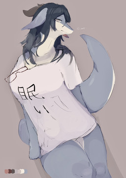 anthro big_breasts black_hair blue_body bottomless breasts clothed clothing curled_tail eyebrows eyelashes eyewear female floppy_ears front_view glasses glasses_on_shirt hair horn kemono looking_at_viewer mouth_closed multicolored_body pulling_down_shirt pupils rectangular_glasses shirt shirt_only slit_pupils snout solo t-shirt t-shirt_only tail text thick_tail thick_thighs topwear topwear_only white_body white_clothing white_shirt white_t-shirt white_topwear yellow_eyes sme4 mythology dragon mythological_creature mythological_scalie scalie 2025 hi_res japanese_text portrait three-quarter_portrait watermark