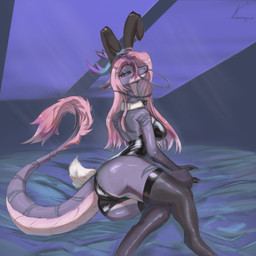 anthro breasts butt clothing fake_ears fake_rabbit_ears fake_rabbit_tail fake_tail female hair horn latex latex_clothing legwear long_tail looking_at_viewer lying on_side pink_hair simple_background solo stockings tail thick_thighs kamisagawa mythology akayer dragon eastern_dragon mythological_creature mythological_scalie scalie absurd_res hi_res