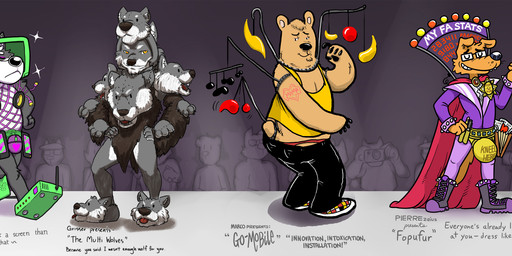 anthro clothed clothing costume eyewear food fruit furry_wearing_fursuit fursuit glasses group humor leather male parody plant tablet_computer tattoo text wolf_costume billy_fore coal_(artist) grisser apple_inc. ipad bear canid canine canis domestic_dog fox mammal wolf english_text hi_res