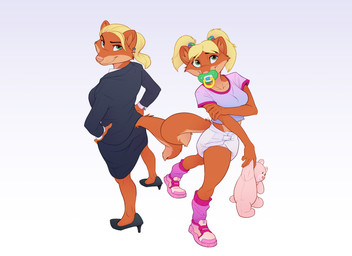 abdl ageplay anthro back_to_back businesswoman clothed clothing crop_top diaper duo female footwear high_heels infantilism pacifier pigtails plushie roleplay shirt shoes sneakers suit teddy_bear topwear wearing_diaper colt3n cargie_weasel mammal mustelid musteline true_musteline weasel absurd_res hi_res