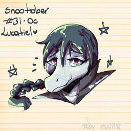 anthro biped braided_hair eyebrows front_view green_hair grey_body hair long_hair looking_at_viewer pattern_background purple_eyes raised_inner_eyebrows simple_background smile solo star striped_background text by:_muun cavemanon_studios snoot_game dinosaur prehistoric_species reptile scalie 1:1 2025 absurd_res artist_name bust_portrait character_name colored english_text guide_lines hi_res portrait shaded